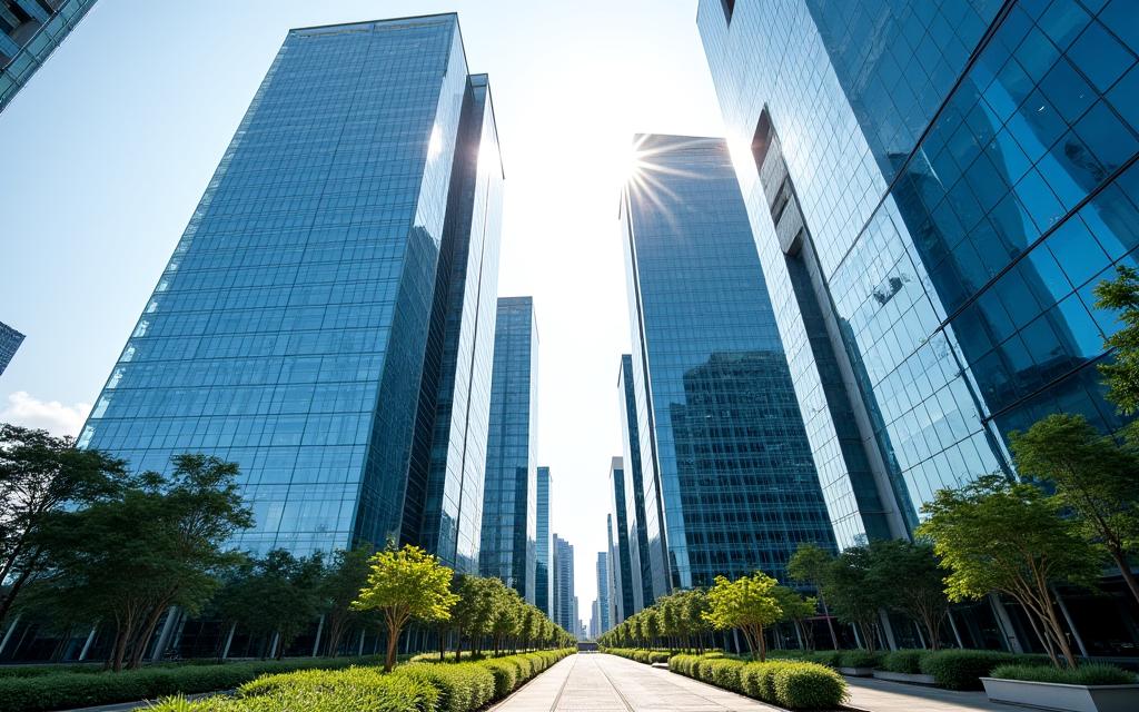 Modern office park with extensive glass facades in Singapore