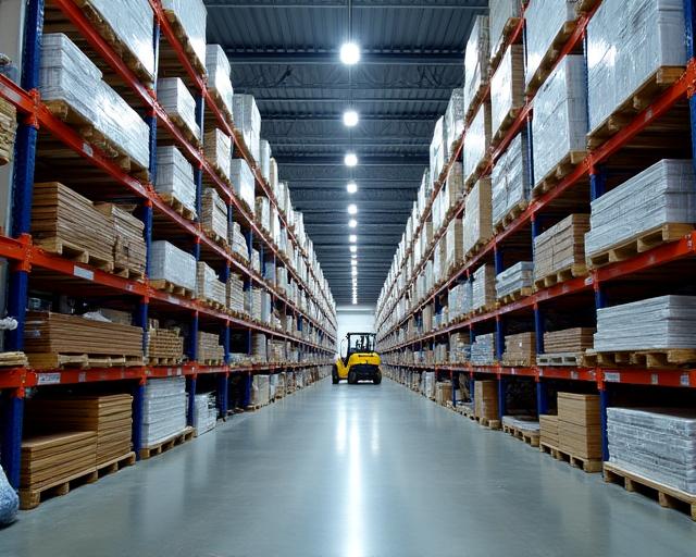 Organized warehouse with construction material inventory