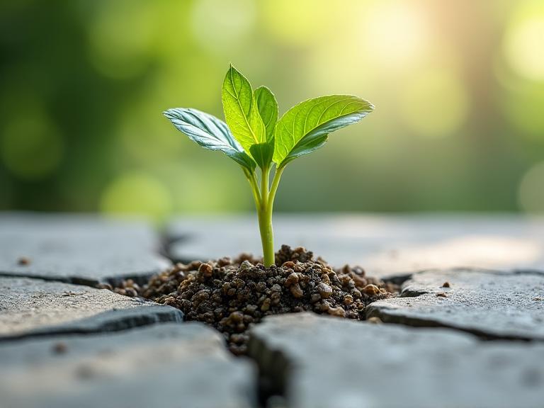 Green building materials and a plant growing from concrete
